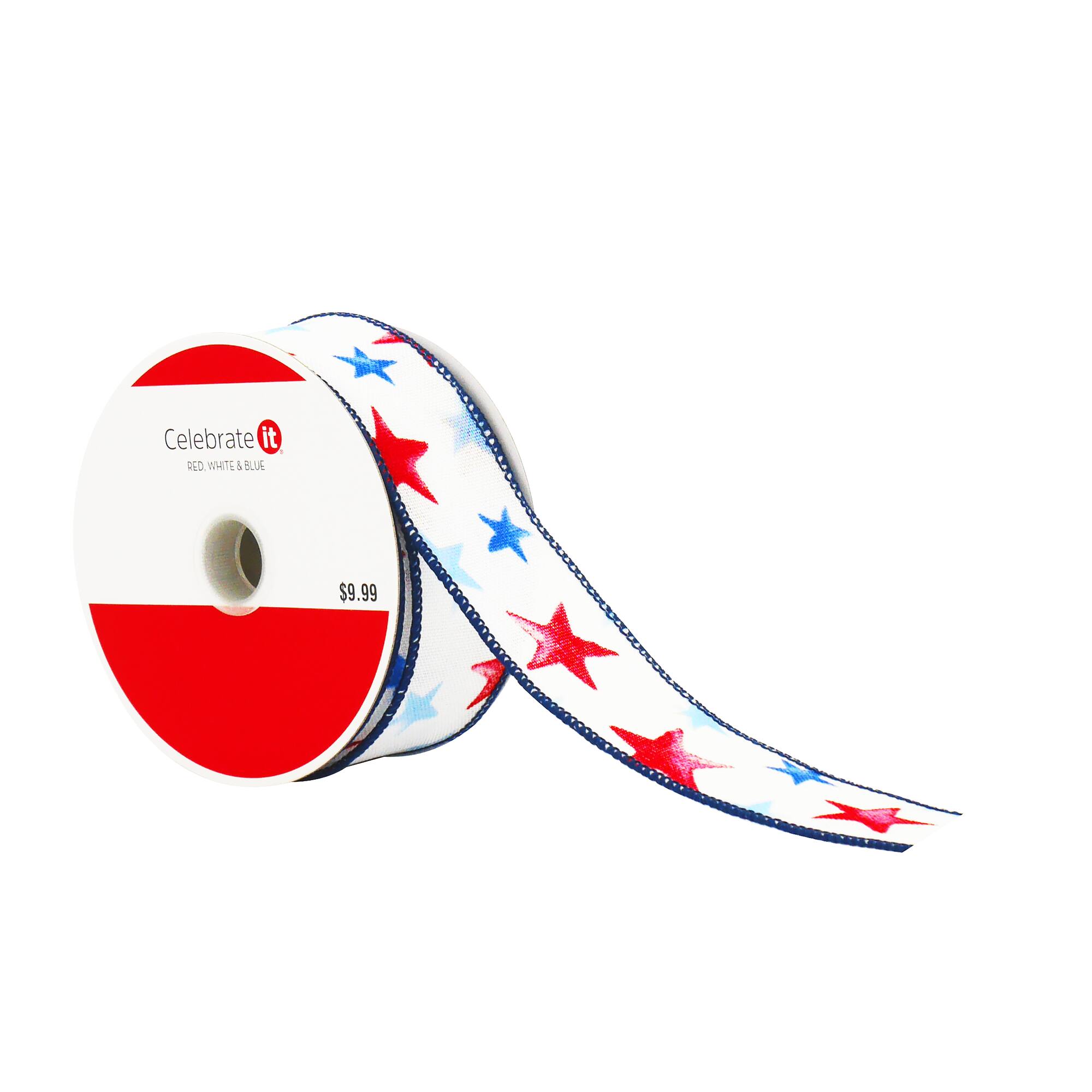 1.5" x 10yd. Red, White & Blue Stars Wired Cross Linen Ribbon by Celebrate It®